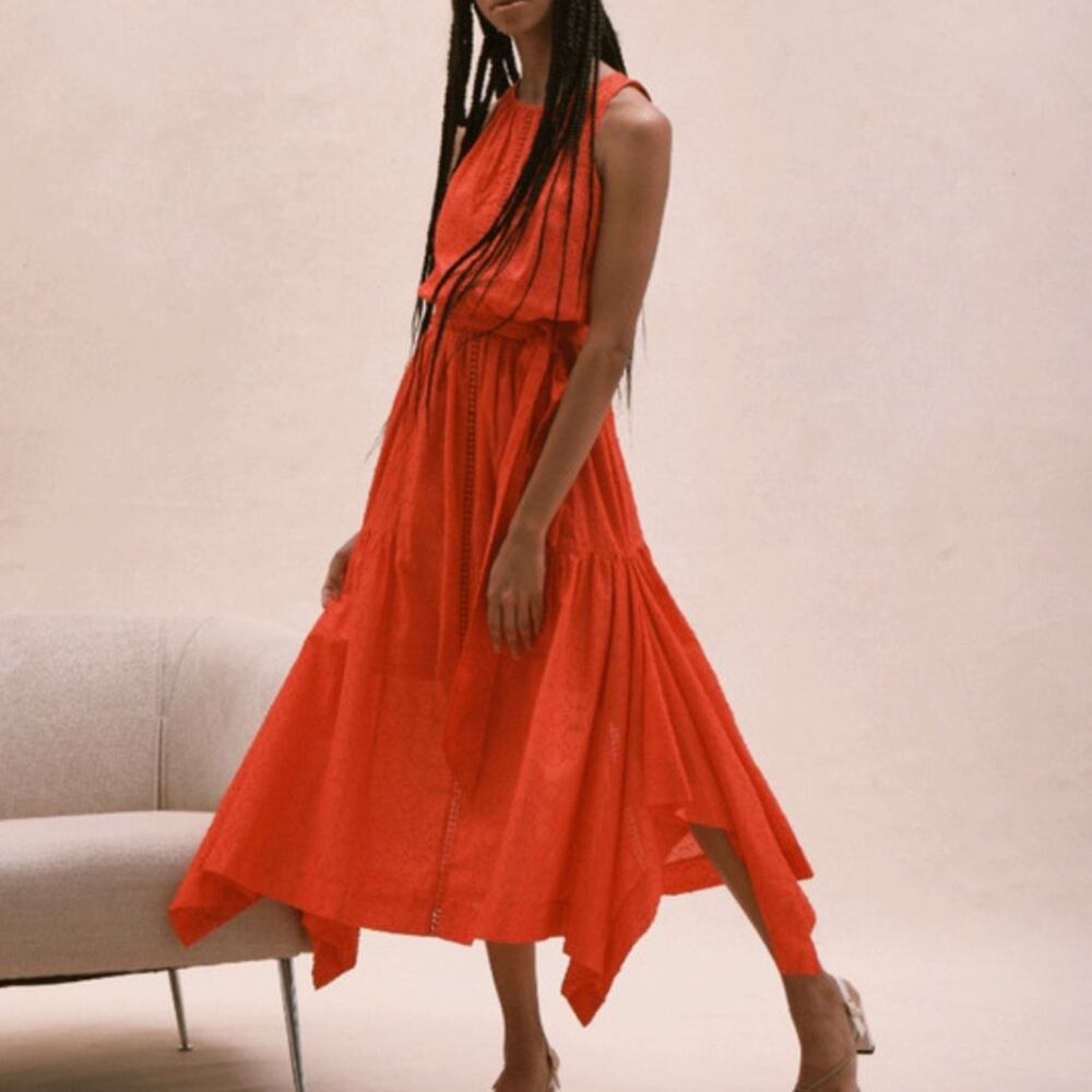 Toccin (ny) Boho Eyelet Handkerchief Maxi Dress Spring Summer Red Orange Ties